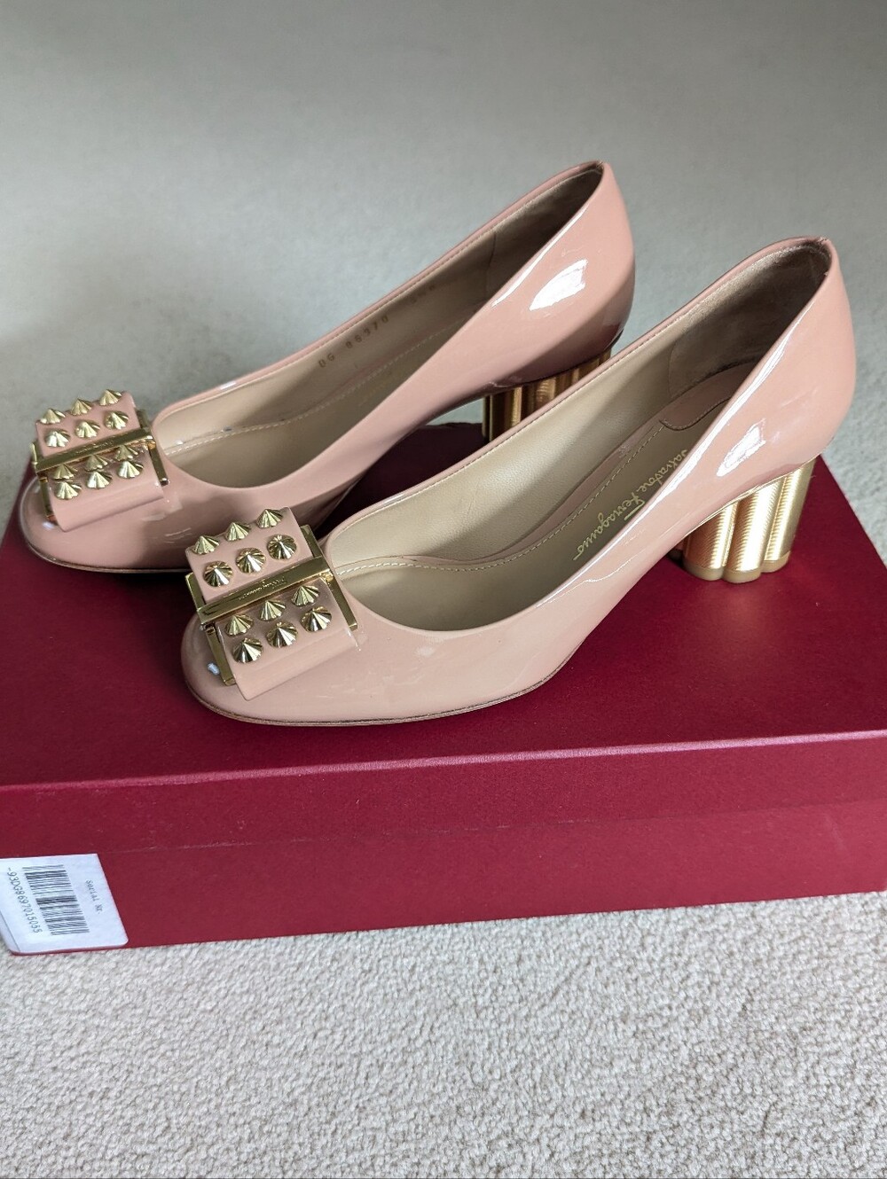 Salvatore Ferragamo Capua Blush Nude Patent Leather Pumps with Gold Studded Bow